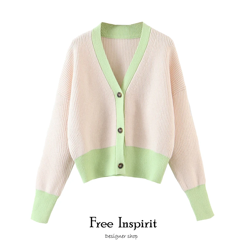 

New Arrival Ladies Casual Style Single-breasted V-neck Cardigan Contrast Color Design Computer Knitted Women's Sweater Coat