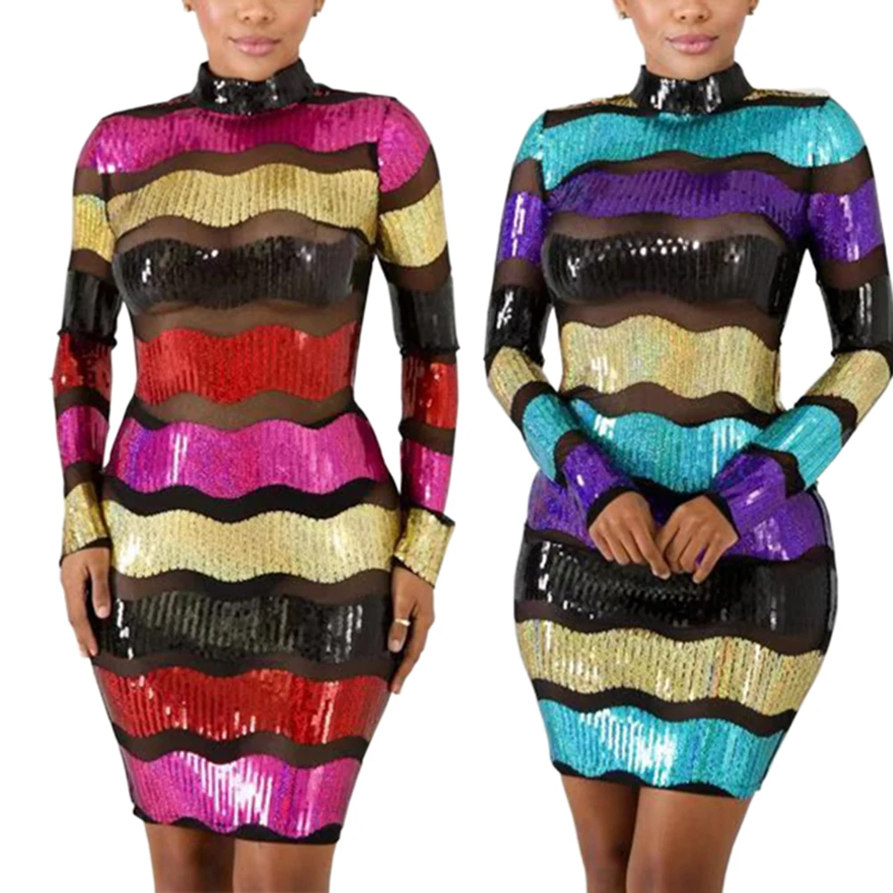 

Bikitique Night Club Colorful Stripe Bead Slice Sexy Party Dress High Neck Long Sleeve Tight Women Dress New Winter Dress