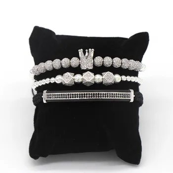 

Luxury Jewelry CZ Ball Crown Charm Bracelet Copper Bead Macrame Handmade Men 3pcs Bracelets Set Bangles For Men Jewelry