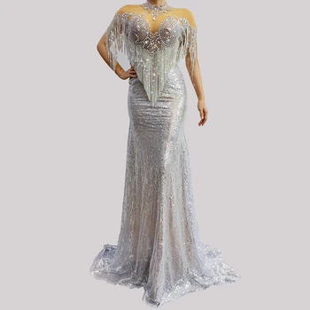 

Flashing Rhinestones Fringe Sequins Dresses Women'S Birthday Celebrate Evening Outfit Dancer Female Bar Prom Long Dress DT1933