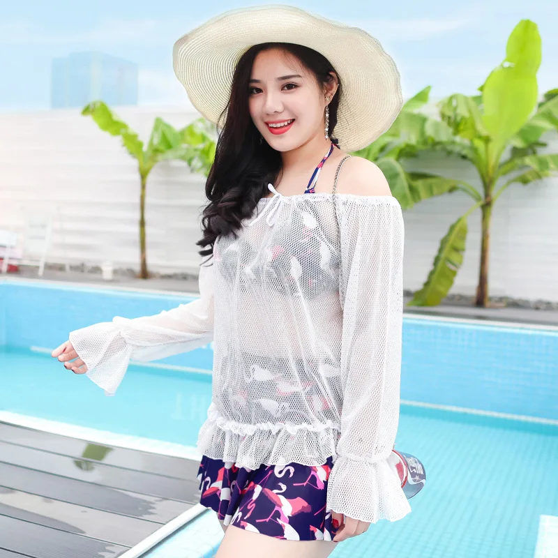 

Large Size Two-piece Swimsuits Women's 2018 Bikini Lace Cover-up Large Bust Push up duan qun shi Three-piece Set Fat Mm Swimwear