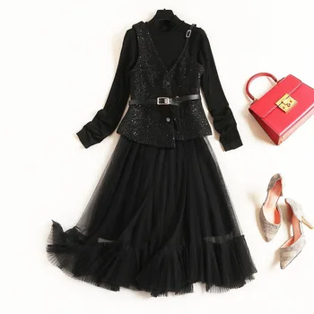 

Women autumn winter tweed vest sexy asymmetric camisole belt top + long sleeve black mesh dress female two piece set
