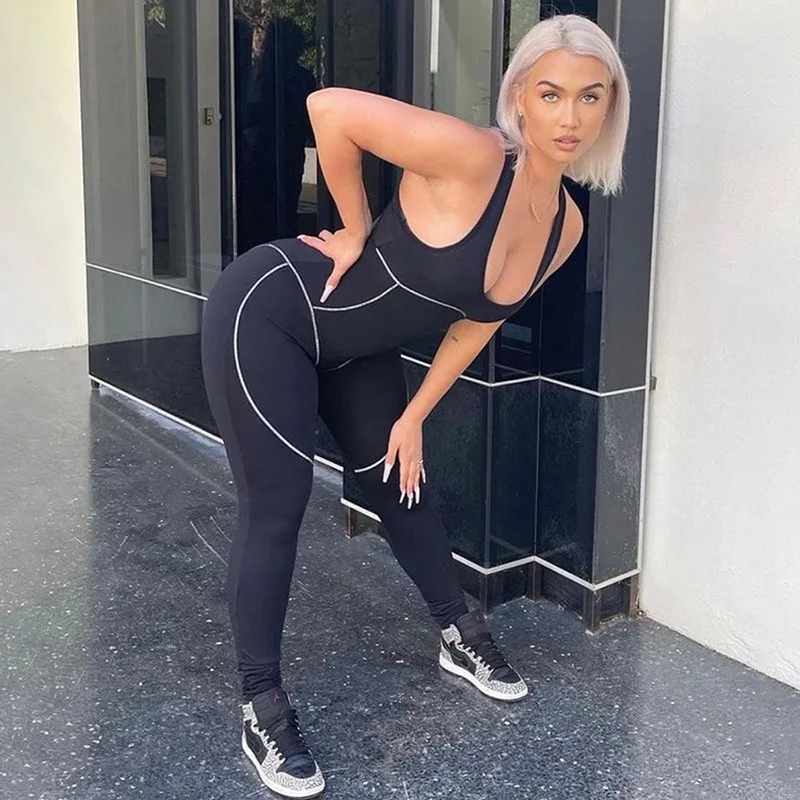 

QuanRun Casual Women Sleeveless Low Cut Back Hollow Out Slim Jumpsuits Femmal Sexy Chothing Fitness Streetwear 2021 Spring