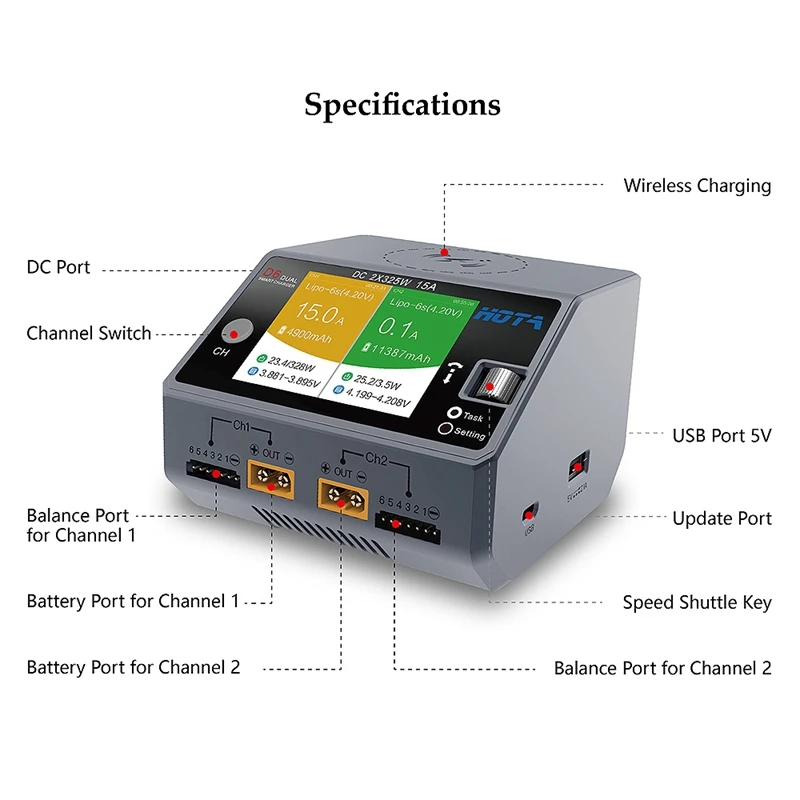 HOTA D6Pro умное зарядное устройство AC200W DC650W 15A для Lipo LiIon NiMH батареи с IPhone samsung беспроводной зарядки