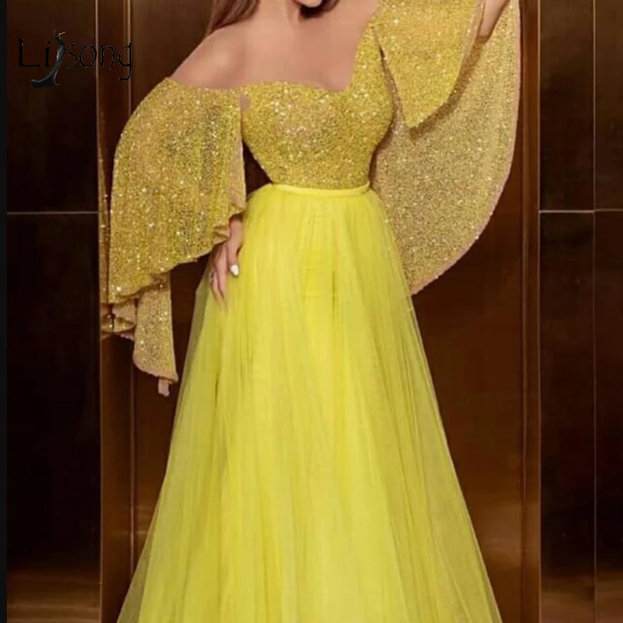

Abiye Yellow 2 Pieces Prom Dresses Puff Full Sleeves Prom Gowns Sparkle Sequined A-line Evening Gowns Abendkleider Party Dress