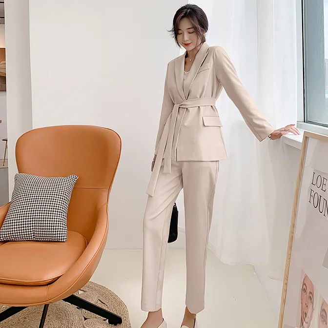 Осень Зима для женщин на шнуровке брючный костюм зубчатый Блейзер куртка и брюки