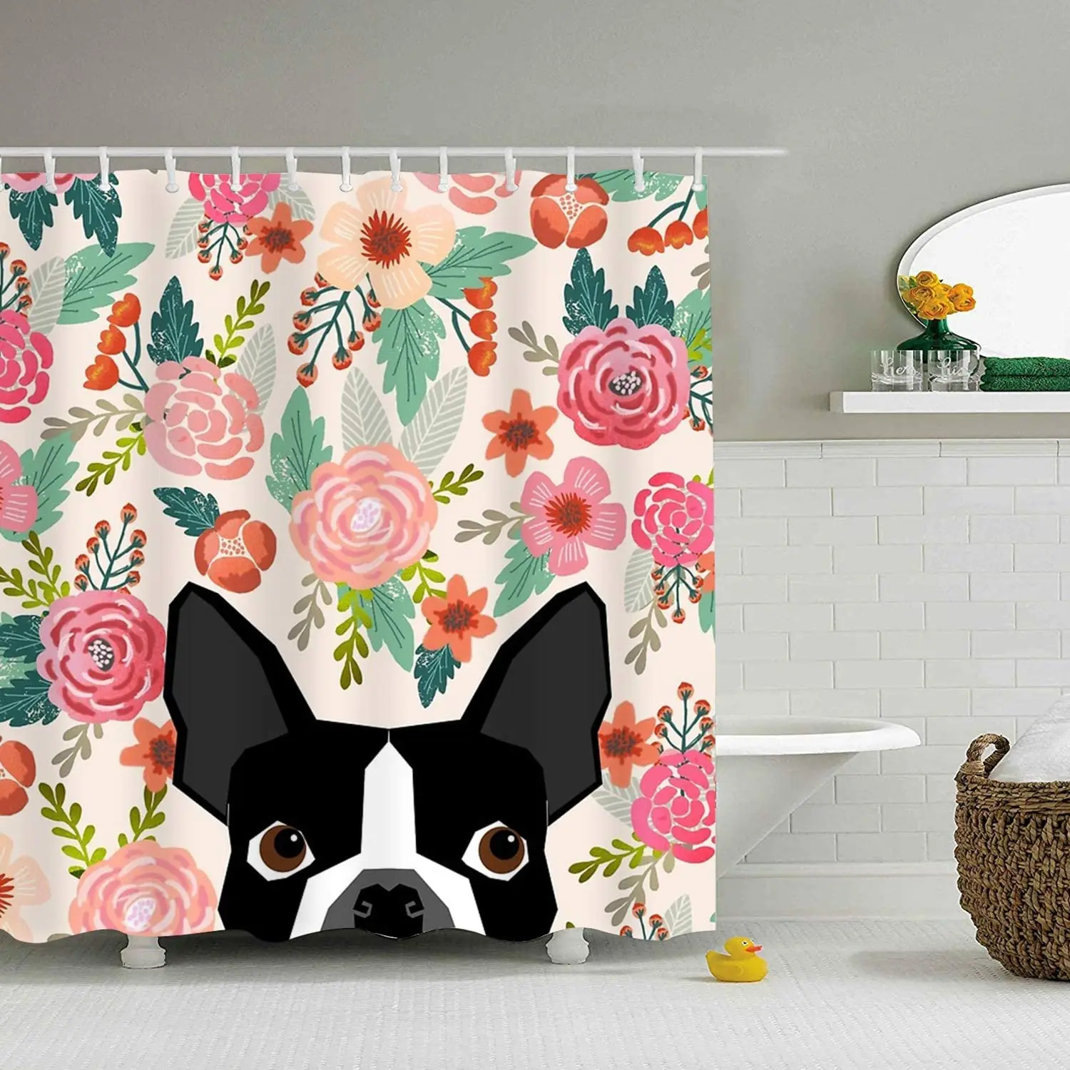 

Boston Terrier Dog Florals Shower Curtain Waterproof Bathroom Decor Polyester Fabric Anti-Mildew Bath Curtain With Shower Hooks