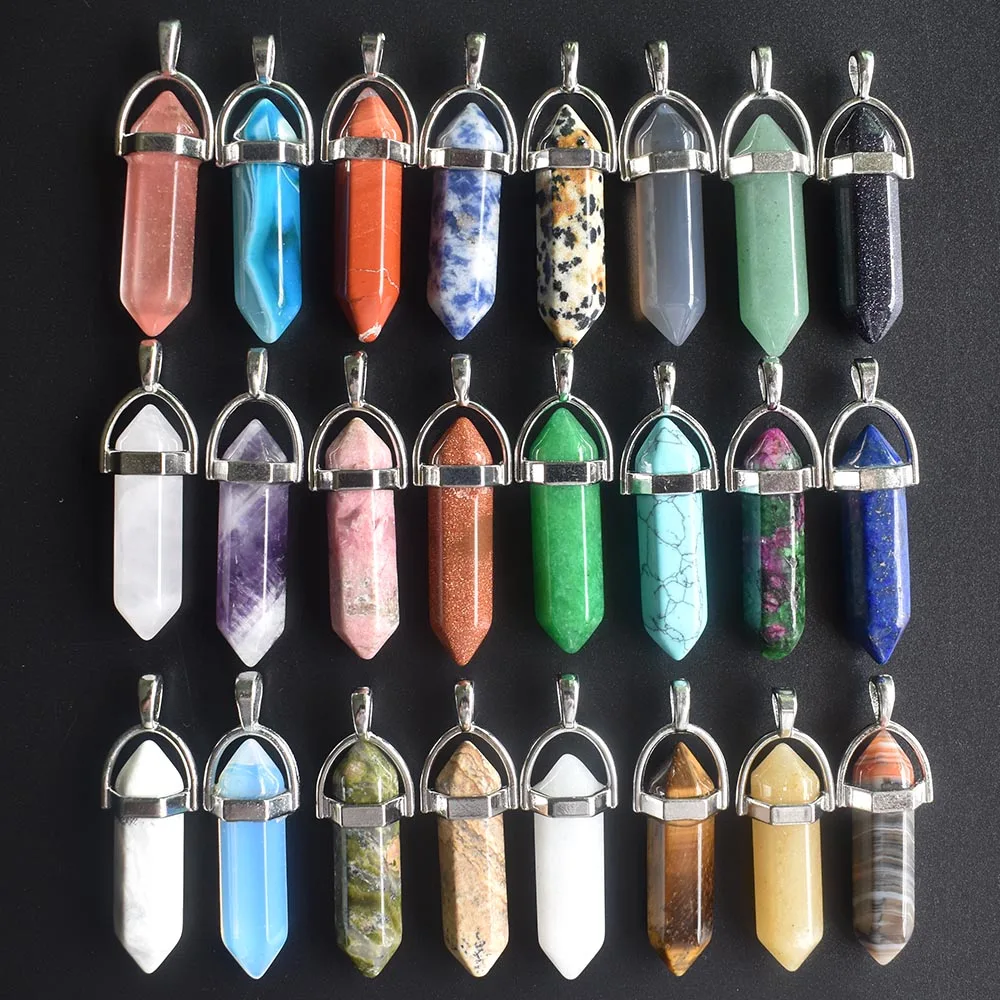 

Wholesale 24pcs/lot 2020 high quality assorted natural stone mixed pillar charms chakra Pendants & necklaces for making free