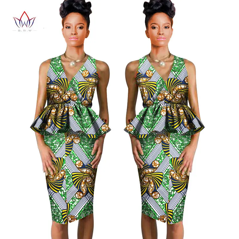 african dresses for women Dashiki v-neck skirt set sexy& club Bazin Riche africa print knee-length dress cotton 6xl BRW WY804 - Цвет: 15