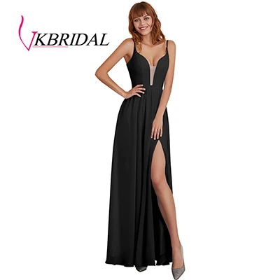 VKbridal High Slit Chiffon Bridesmaid Dresses Deep V-Neck A-line Wedding Guest Formal Wear Lace Up Bridal Wedding Party Dresses - Цвет: Черный