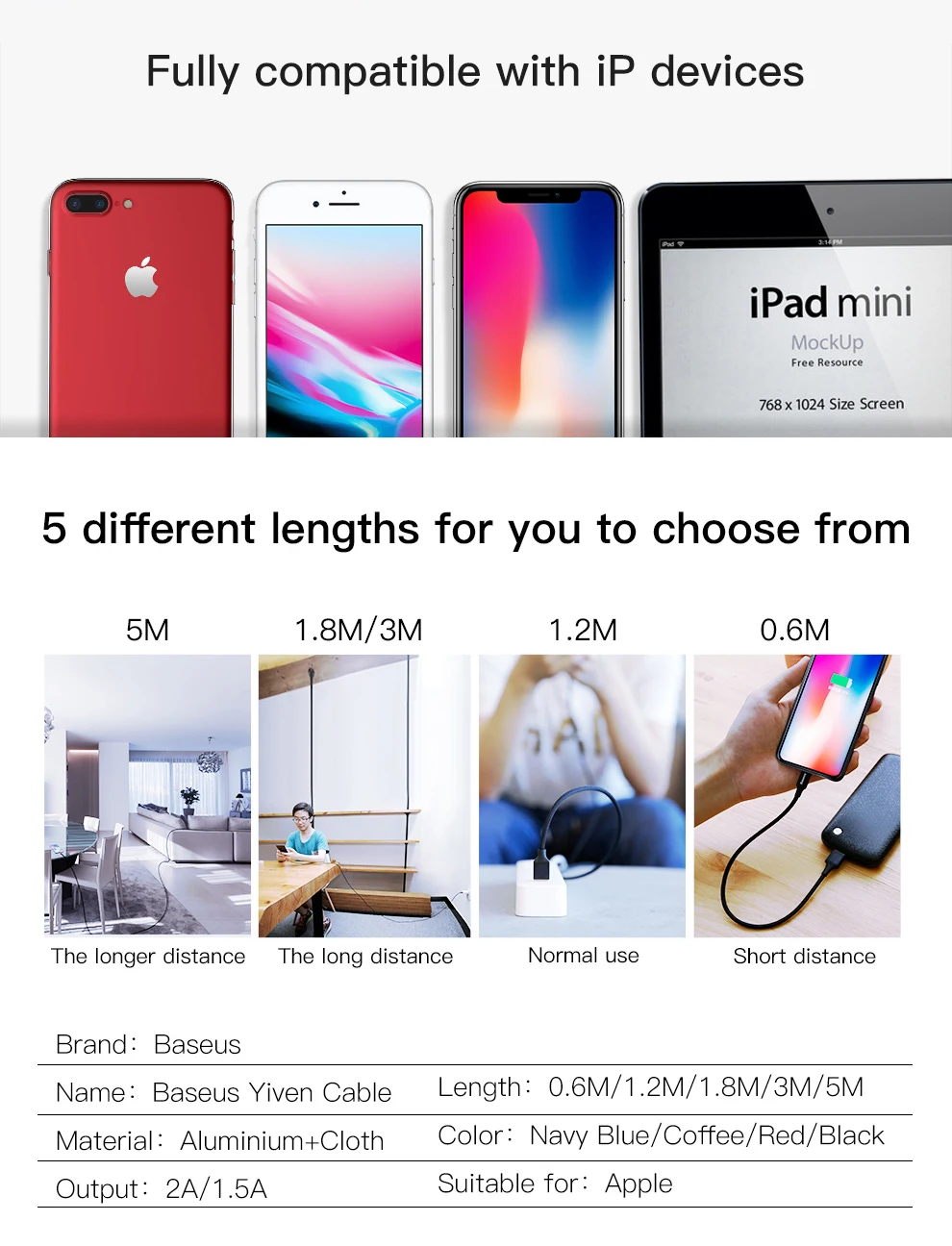 Usb-кабель Baseus для iPhone X, 8, 7 Plus, кабель для быстрой зарядки, usb-кабель для мобильного телефона, кабель для передачи данных для iPhone 5, 6, 6 S, iPad, usb-кабель для зарядного устройства