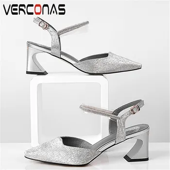 

VERCONAS Women Popular High Heeled Classic Design Pointed Toe Sandals Lace Up Party Shoes Summer Genuine Leather Shoes Woman