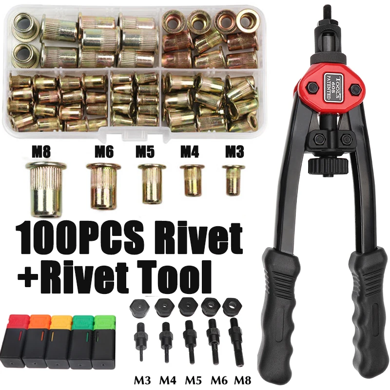 100pcs Rivet Nut +Hand Threaded Rivet Nuts Gun BT606 M3 M4 M5 M6 M8 Double Insert Manual Riveter Gun Riveting Rivnut Rivet Tool фотографии