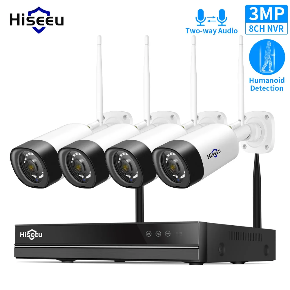 Hiseeu 8CH 3MP Wireless Surveillance Camera Two-way audio CCTV Kit for 1536P 1080P 2MP Outdoor Security Cameras System Set