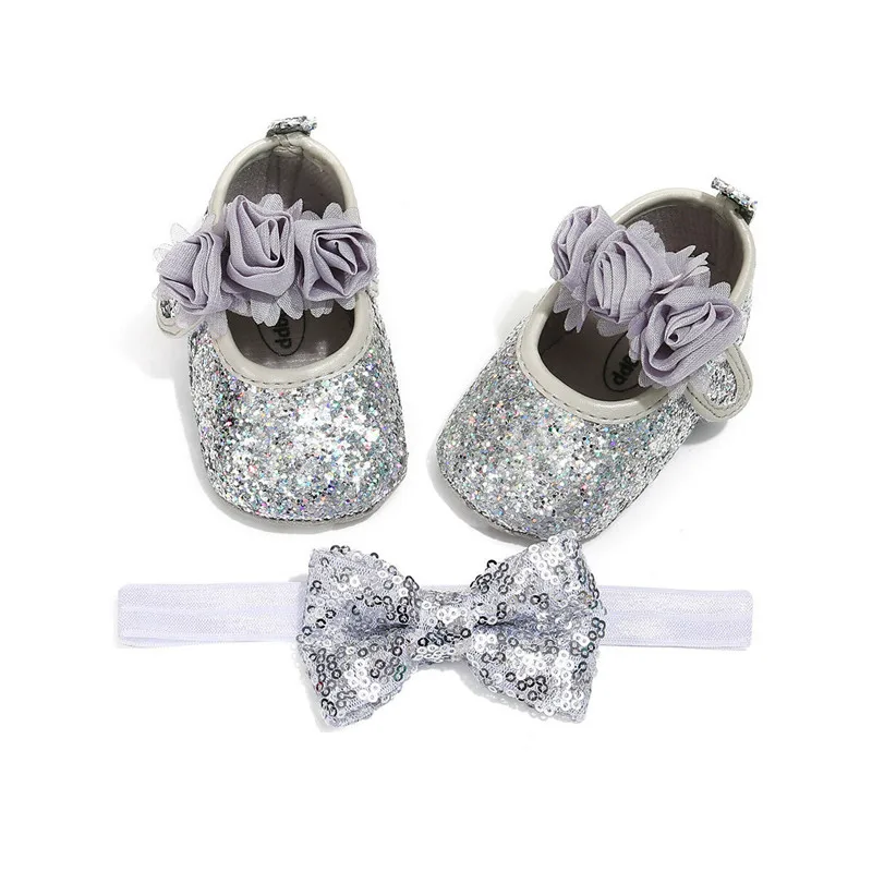 Newborn Baby Girl Sequins Bling PU Prewalker Shoes+Headband Lace Bow Tie Slippers 0-18M