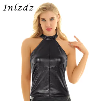 

Women's Pole Dance Tank Top Rave Dance Club Wear Wet Look Leather Halter Neck Sleeveless and Backless Buckled Tank Tops Vest