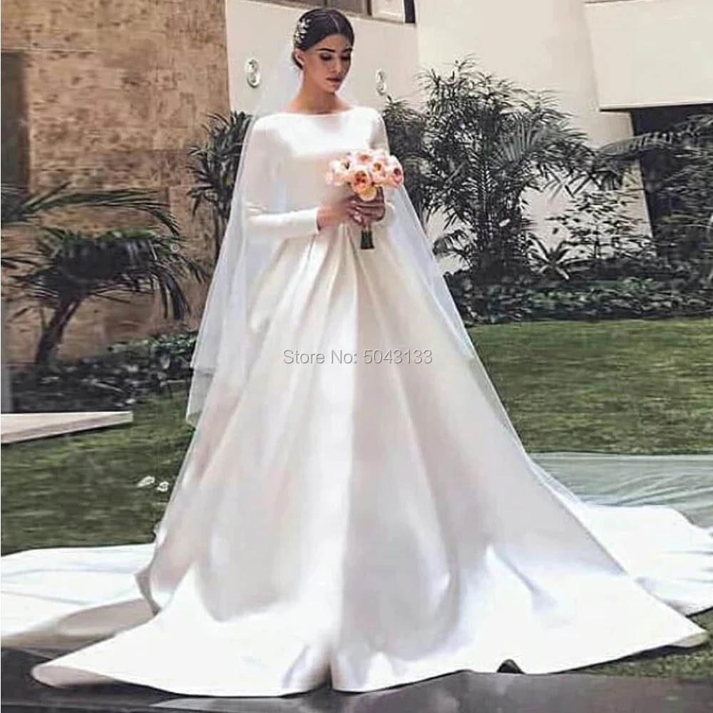 US $88.00 2021 Modest White Satin Wedding Dresses With Long Sleeves A Line Scoop Neckline Muslim Bridal Gowns Court Train Vestido De Noiva