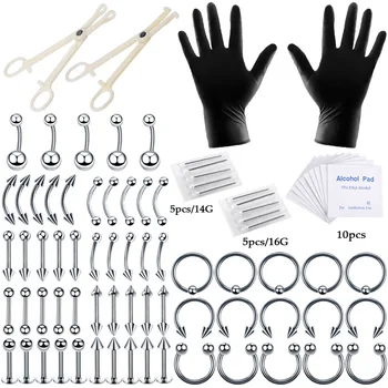

84pcs/set Surgical Steel Professional Body Piercing Kit with Needles Septum Nose Ear Stretching Tongue Belly Nipple Peircing Kit