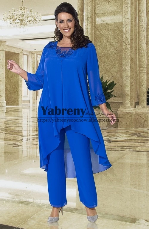 Plus size Mother of the bride Pant suit with Jacket Royal blue 3PC Trousers suit