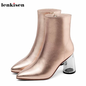 

Lenkisen new crystal heels genuine leather high heels pointed toe European fashion mature winter keep warm women ankle boots L01