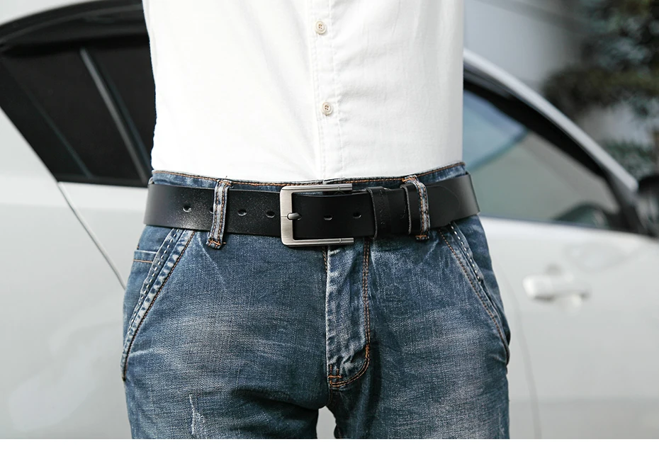 MEDYLA natural leather belt men's fashion casual business smooth belt soft leather no interlayer hard steel buckle belt for men