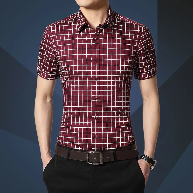 IFRICH Business Casual Checkered Shirt Mens Summer 100%Cotton Short-Sleeved Pink Shirt Plus Size M-5XL