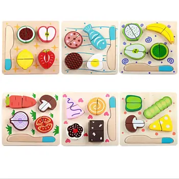 

Wooden Food Blocks Set Pretend Play Cutting Fruit Kitchen Puzzle Toys with Chopping Block Knife Toy for Baby Boys Girls
