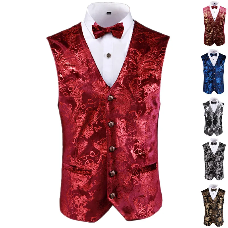 Waistcoat Men Luxury Gold Printed Vest Men's Large Size 4XL 5XL Red