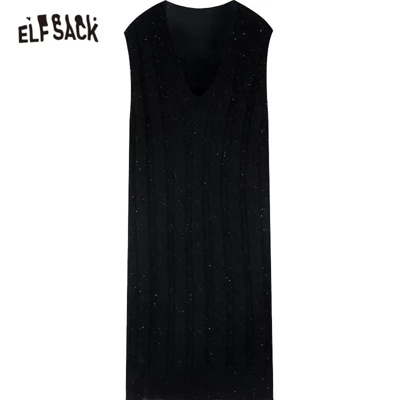 ELFSACK Black Solid High Waist Casual Knit Dress