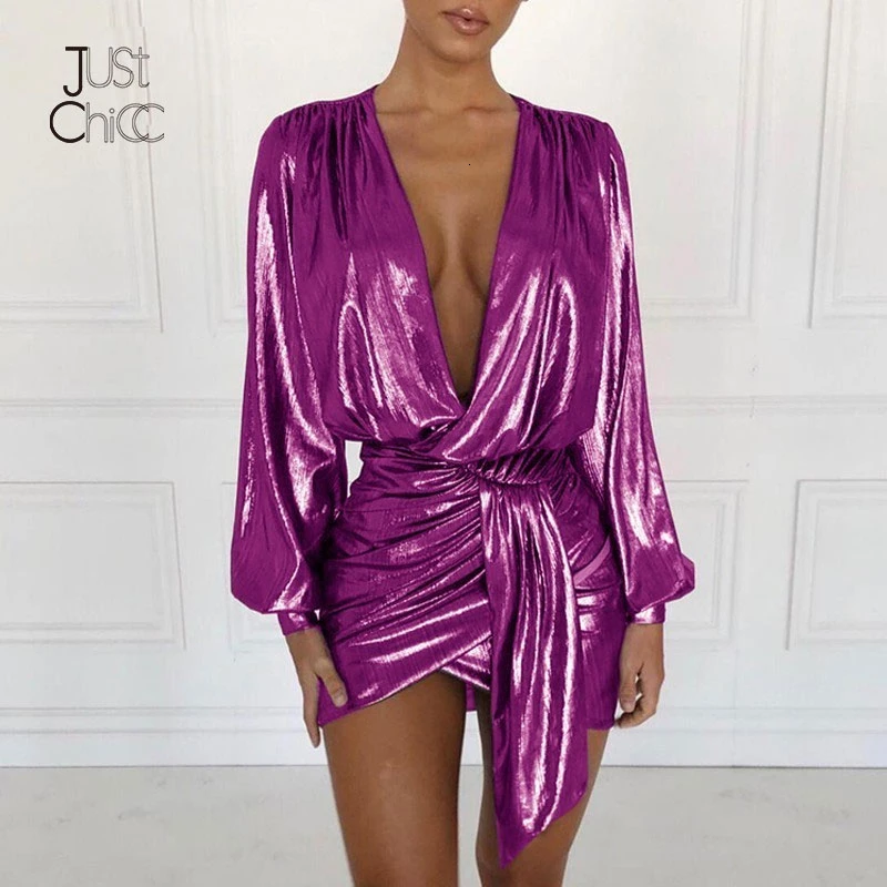 SPurplish Justchicc, винтажное сексуальное платье с длинным рукавом, женское платье с глубоким v-образным вырезом, модное серебряное платье для вечеринки, однотонное облегающее короткое платье с поясом - Цвет: SPurplish
