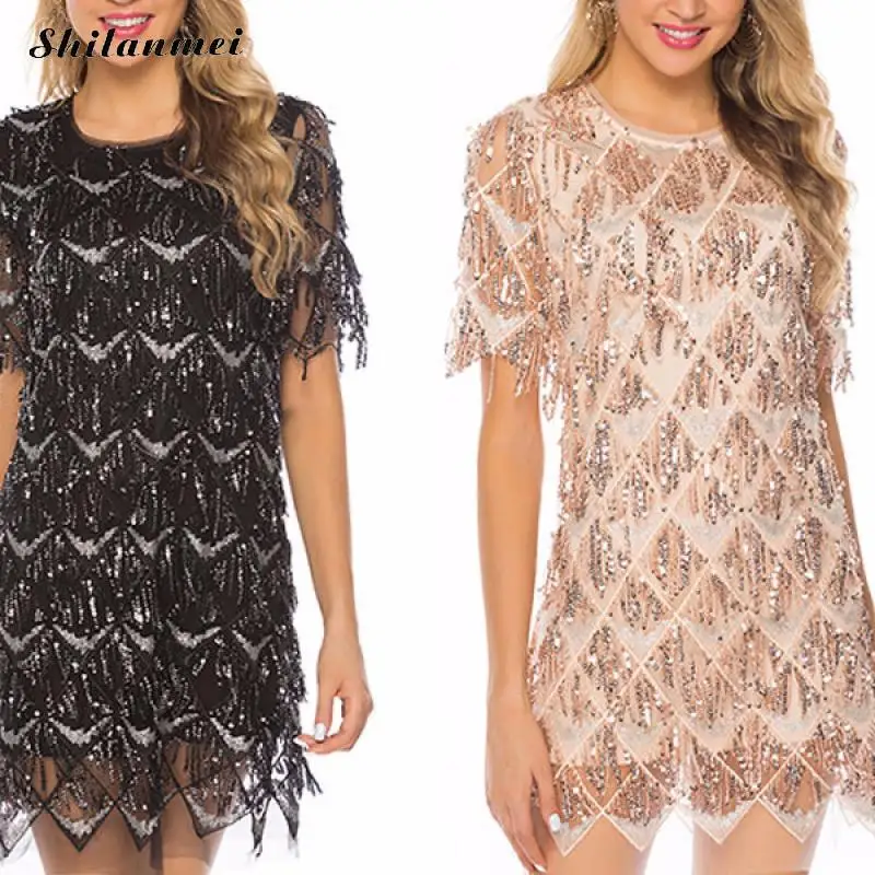 

Fashion Tassel Sequin Dress Women Summer Short Sleeve Slim T Shirt Dress O Neck Sexy Robe Femme Elegant Club Party Mini Dresses