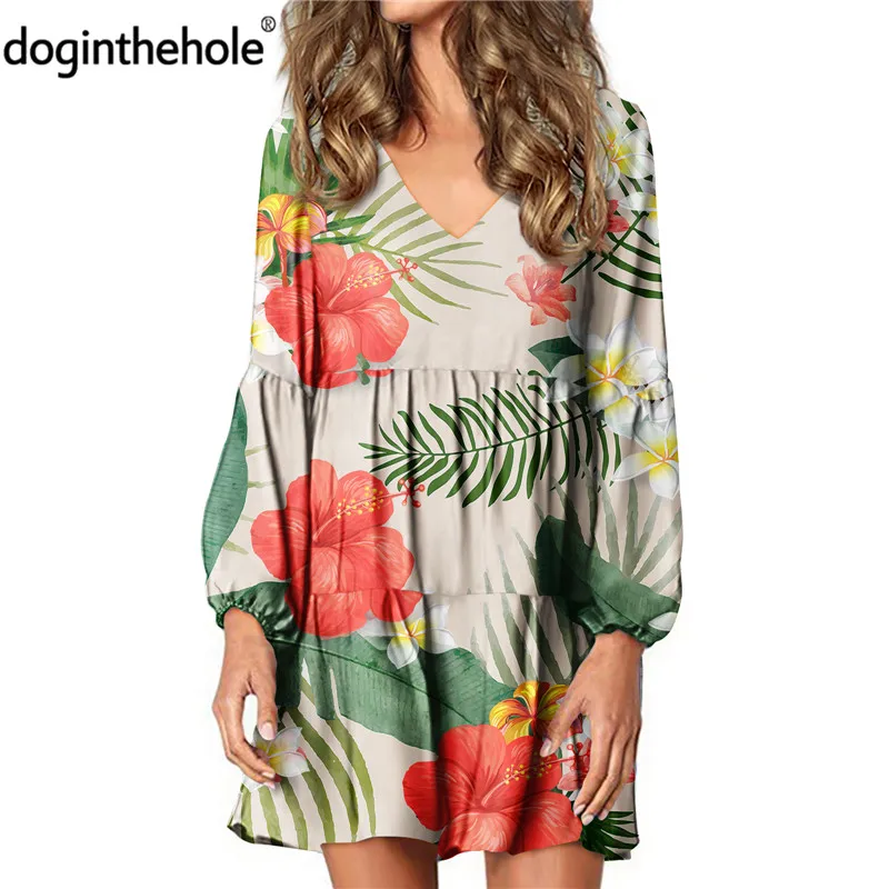 

Doginthehole Hawaii Hibiscus Print Women's Ruffle Swing Dress 2020 Stylish V-Neck Streetwear For Teen Girls Casual Loose Tunic