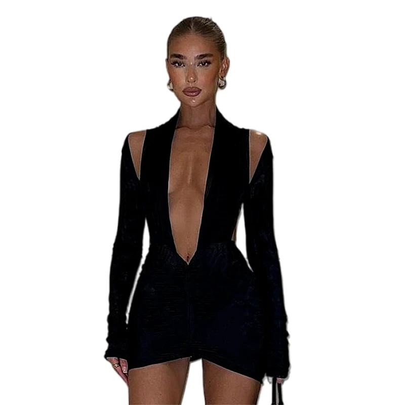 Hugcitar Long Sleeve Deep V Neck Hollow Out Ruched Mini Dress 2022 Bodycon Sexy Streetwear Party Club Clothes sun dresses