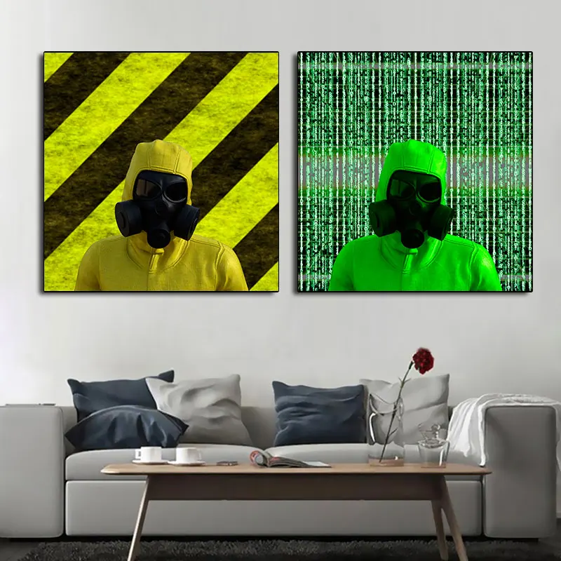 Industrial Style Fluorescent Color Gaz Mask Painting Green Yellow Canvas Posters and Prints Wall Art Pictures for Living Room