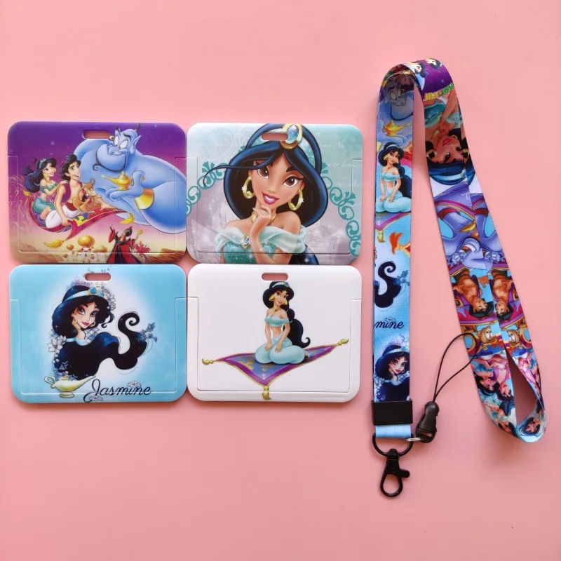 Disney Jasmine Aladdin Women's Name Card Covers ID Card Holder Students Bus Card Case Lanyard Visit Door Identity Badge