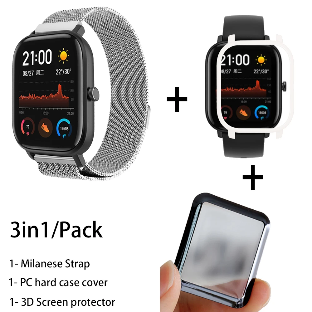silver-white 3в1 наручный ремешок для Amazfit GTS PC чехол металлический Миланский Браслет для Huami Amazfit gts ремешок для 3D экрана Защитная пленка - Цвет: silver-white