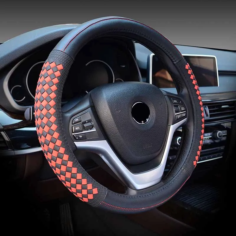 Роскошный Алмазный Узор Кожаный Чехол для рулевого колеса автомобиля Универсальный спортивный чехол для рулевого колеса чехол для авто аксессуары - Название цвета: Красный