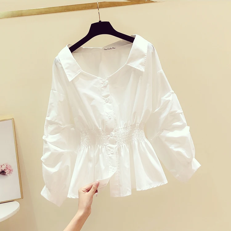 Elegant Off shoulder Top Long sleeve Tunic Blouses Women Button Up White Shirt Turn down Collar Casual ladies white shirt