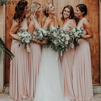 

Pink bridesmaid dresses new satin chiffon with sleeves A Line conversion wedding party gown long sukienka na wesele dla gocia