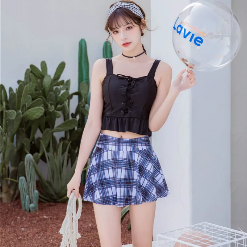 

Комплект бикини женский в клетку, клетчатый купальник с оборками и рюшами, с открытой спиной, в стиле преппи, милый безопасный купальник на шнуровке для студентов, Летний Пляжный сексуальный