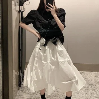 

French Two Piece Set Women Chic Puff Sleeve Solid Blouse Fashion A-Line Skirt Casual Korean Summer Women Suits Skirts and Tops