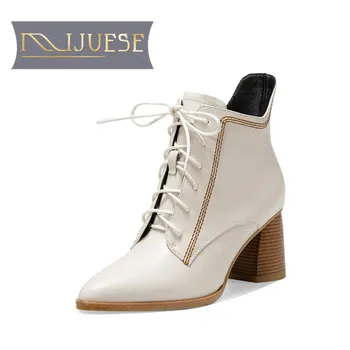 

MLJUESE 2021 women Ankle boots Cow leather Winter short plush Pointed Toe Zipper High heels female boots size 39