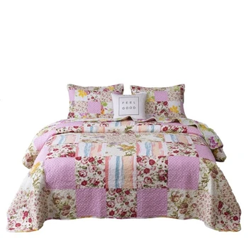 

Pink puzzle Bed Cover+2 Pcs Pillowcases Floral pattern Bedspread Cotton bedding set cozy Quilt Water wash Blanket 1.5/1.8m Bed