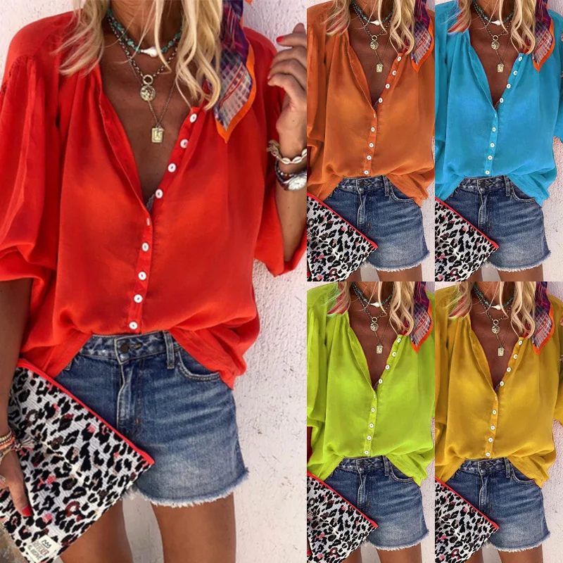 

Autumn Newest Sexy Solid Color Long-sleeved V-neck Women Blouse with Button Super Fashion Blouse Plus Size Tops Female Neon Top