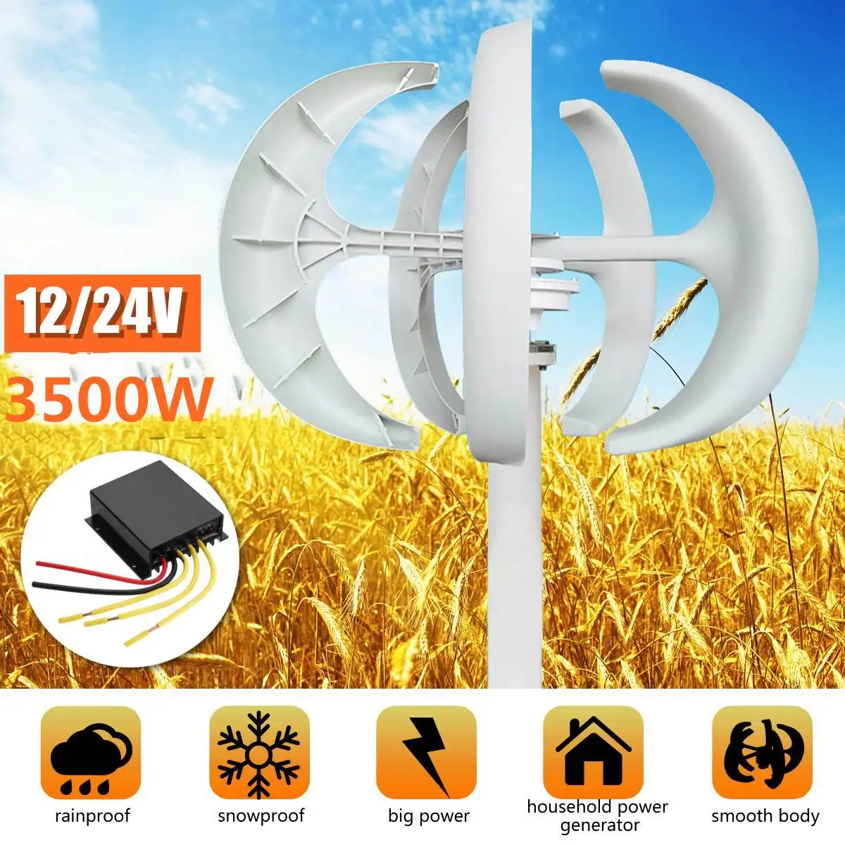 

6000W AC 12/24V Lantern 5-Blade Wind T urbine Generator Household Power Generator W/Controller For solar streetlight,boat,Marin