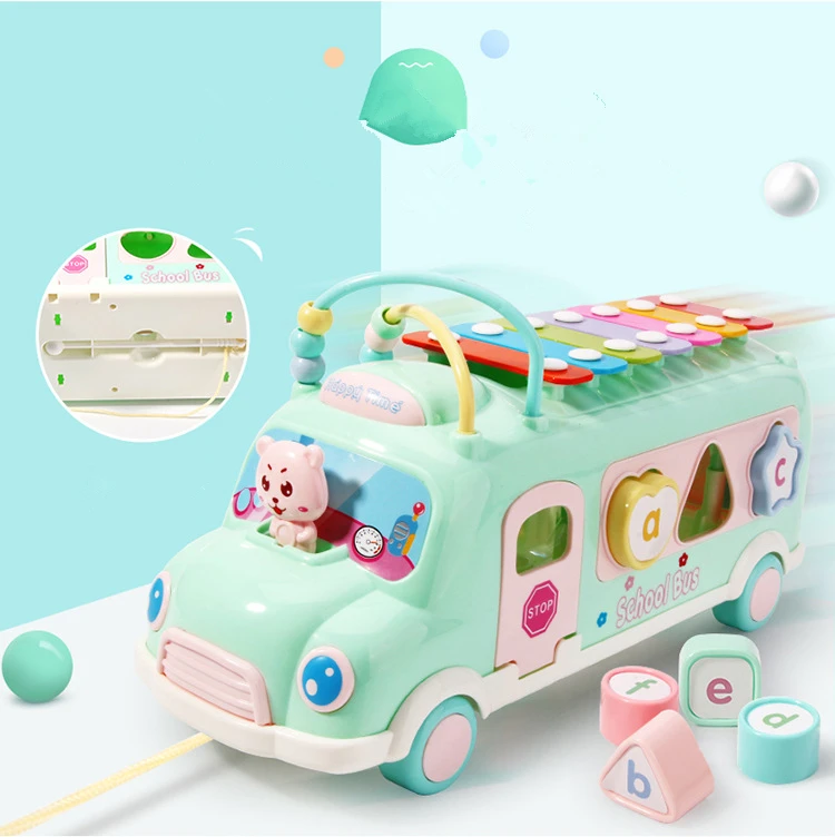 Baby Bus Toy Knock Piano Music  Matching Blocks Educational Toys 0-3 Years Old Children School Bus Towing Early Educational Toys