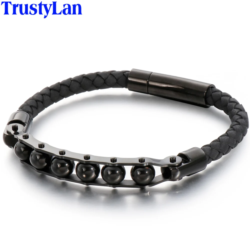 

6MM Wide Braided Leather Bracelet Men Gold Black Stainless Steel Leather Bracelets For Man Wrap Bangles Male Jewelry Accessory