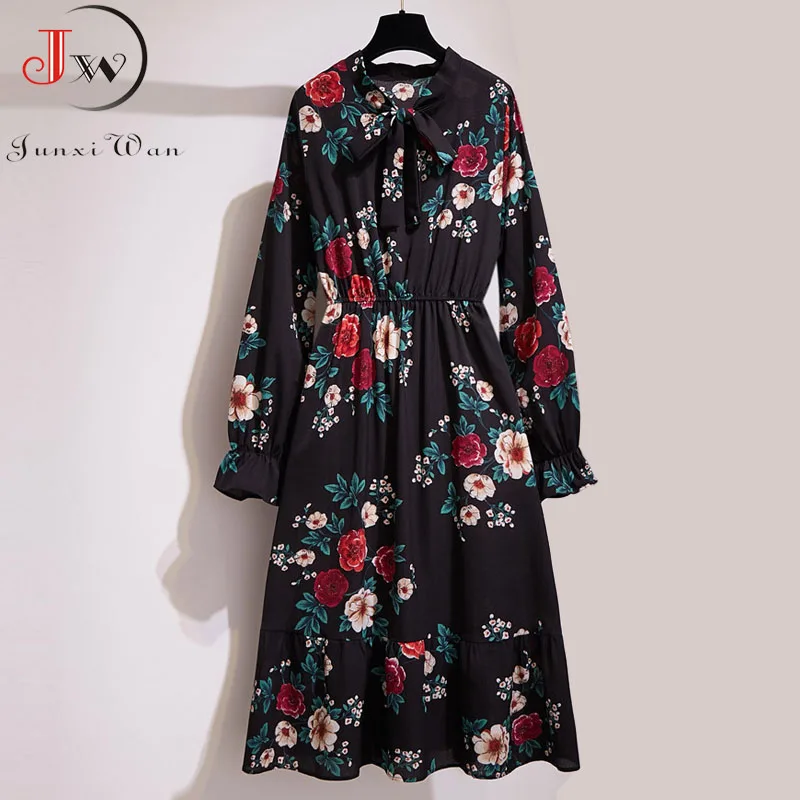 1239-003 Женское шифоновое платье с цветочным рисунком, Осень-зима, длинный рукав, эластичная талия, воротник-бант, повседневные Элегантные вечерние платья для офиса, Vestidos - Цвет: 1239-003
