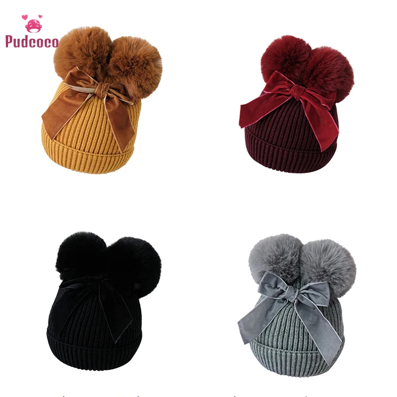 Шапка Вязаная Детская зимняя с двойным помпоном для девочек шляпа-шлем | одежда и