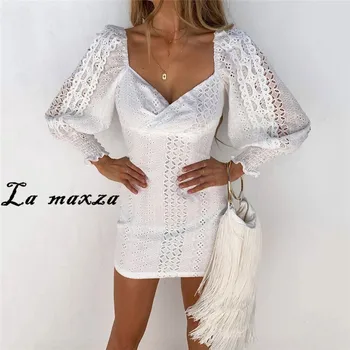 

Fashion Elegant Lace Patchwork Women Dress 2020 Spring Puff Sleeves Hollow Out Mini Dresses